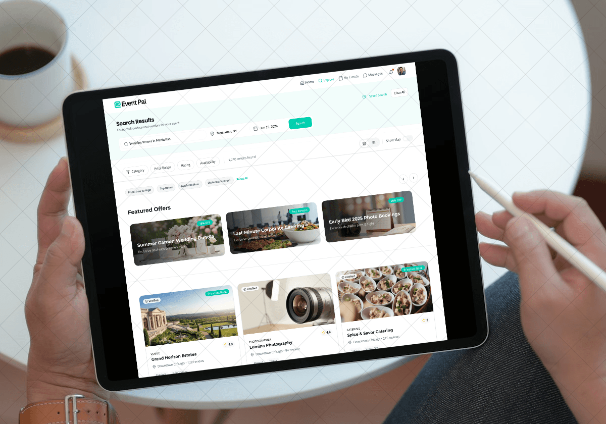 EventPal vendor search displayed on a tablet